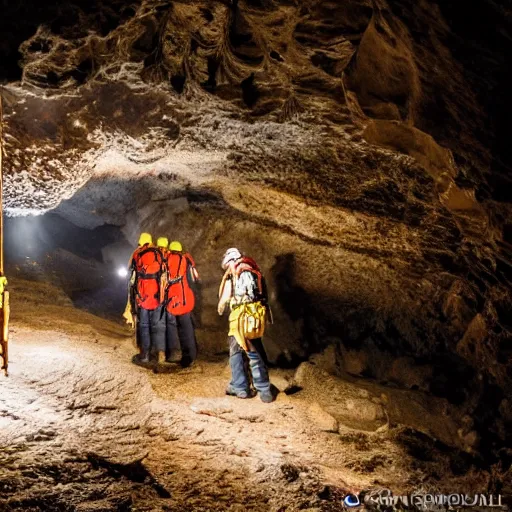 Image similar to photo of spelunkers in caving gear exploring a narrow beautiful cave full of gleaming geodes, crystals, and gemstones. professional journalistic photography from national geographic.