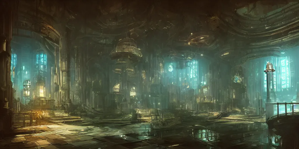 Image similar to an environmental concept art of bioshock, interior, highly detailed, large windows look out onto an underwater city, wet, environmental light, cinematic by francis tneh