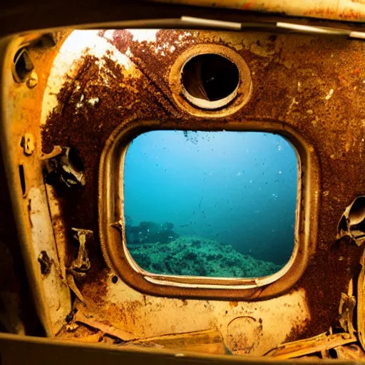 Prompt: a rusty plane crashed in the bottom on the ocean, the scene is illuminated by the light coming from the interior of the plane, through the windows