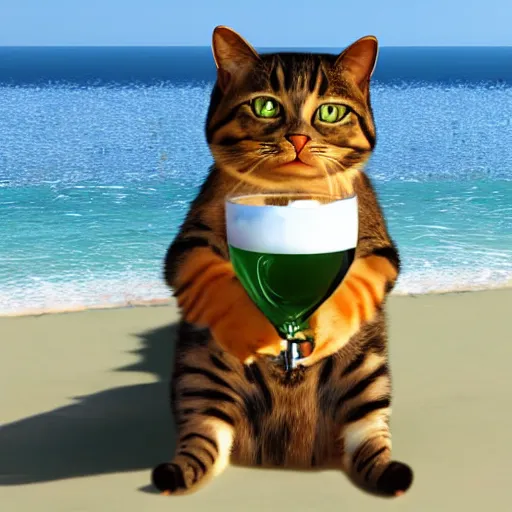 Prompt: realistic photo of an anthropomorphic cat chilling out on the beach and drinking a martini