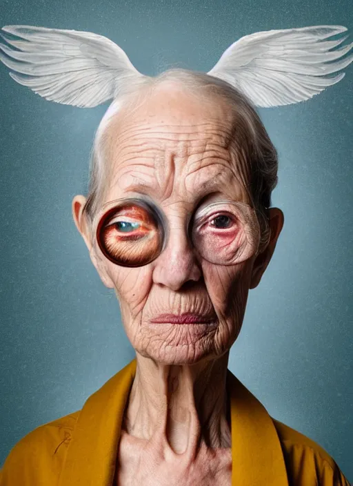 Image similar to an old woman with a weird look on her face, a surrealist painting by Martin Schoeller, shutterstock contest winner, pop surrealism, angelic photograph, stock photo, photoillustration