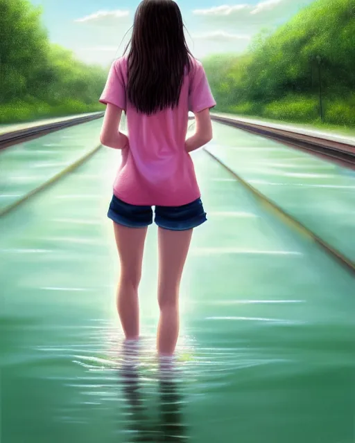 Image similar to a girl dressed in a green shirt and pink shorts walks along train tracks stretching out toward the horizon that are submerged under a few inches of water in a wide pool of water, intricate, elegant, highly detailed, digital painting, artstation, concept art, smooth, sharp focus, illustration, art by artgerm and greg rutkowski and fra angelico