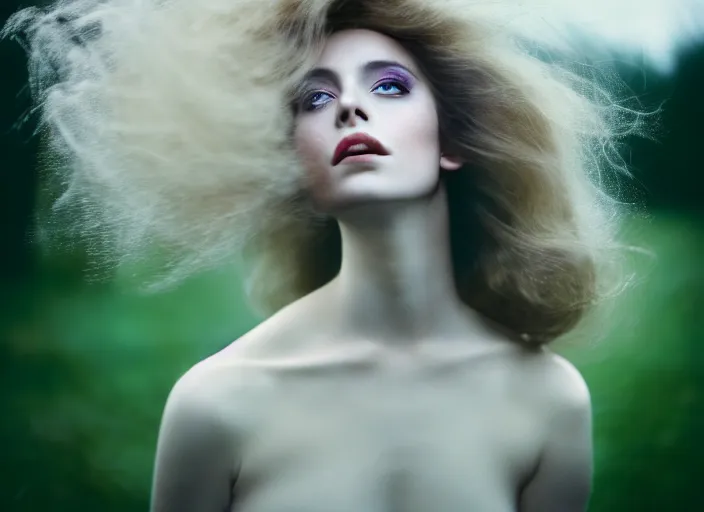 Prompt: cinestill 5 0 d photo of a pre - raffaellite beautiful woman, dreamy, subsurface scattering, hair floating in air in style of paolo roversi, 1 5 0 mm lens, f 1. 2, sharp focus, emotionally evoking, head in focus, stormy outdoor, matt dreamy colour background, volumetric lighting, hyper realistic, ultra detailed