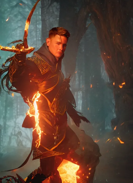 Image similar to A fantasy comic book style portrait painting of a Channing Tatum as a male elf wizard casting a fire spell, unreal 5, DAZ, hyperrealistic, octane render, RPG portrait, ambient light, dynamic lighting