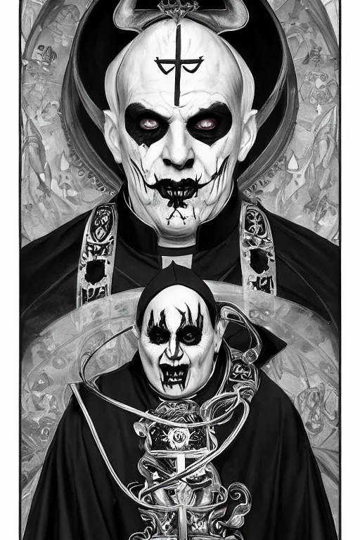 Prompt: portrait of an evil pope with black and white face paint plotting against humanity, ghost, Papa Emeritus, highly detailed, digital painting, artstation, concept art, sharp focus, illustration, art by artgerm and greg rutkowski and alphonse mucha