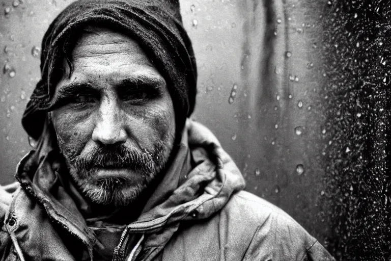 Image similar to a cinematic!! headshot photograph!! of a beautiful homeless war veteran, stood in a tunnel, rain, film still, cinematic, dramatic lighting, by bill henson