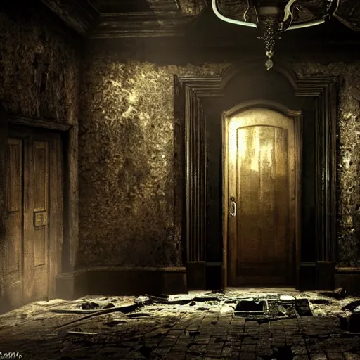 Image similar to entrance of a dark mansion, realistic, highly detailed, background of resident evil game