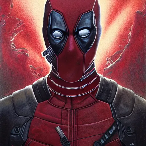 Image similar to portrait of Deadpool, cameras, melting ,8k,by tristan eaton,Stanley Artgermm,Tom Bagshaw,Greg Rutkowski,Carne Griffiths, Ayami Kojima, Beksinski, Giger,trending on DeviantArt,face enhance,hyper detailed,minimalist,cybernetic, android, blade runner,full of colour W 1024