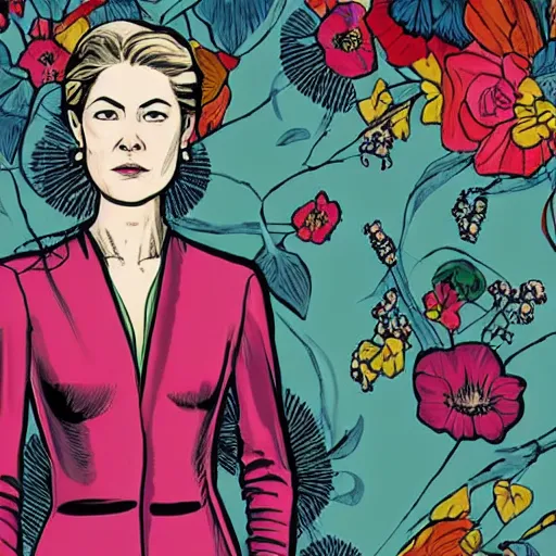 Prompt: rosamund pike as the doctor, dark - hair, wearing a colourful floral pattern suit, bold complementary colours, 2 d matte, graphic novel, art by michael choi and pepe larraz,