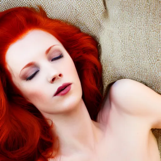 Image similar to redhead queen dreaming of her man, photograph,