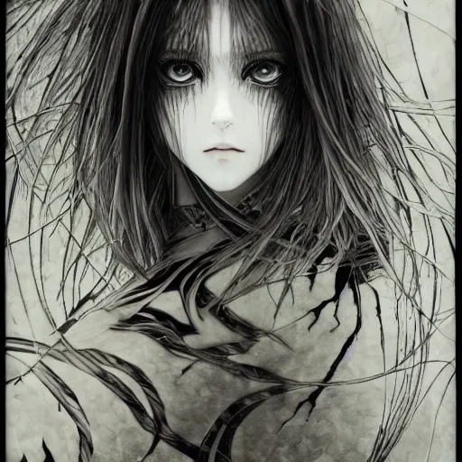 Image similar to Yoshitaka Amano realistic illustration of an anime girl with black eyes, wavy white hair fluttering in the wind and cracks on her face wearing elden ring armor with engraving, abstract black and white patterns on the background, noisy film grain effect, highly detailed, Renaissance oil painting, weird camera angle, blurred lost edges, three quarter view