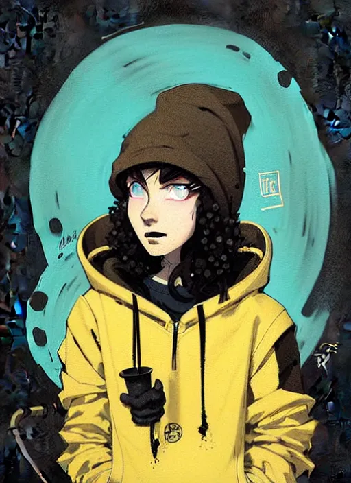 Image similar to highly detailed portrait of a sewerpunk student lady, blue eyes, hoody, beanie hat, black curly hair by atey ghailan, james gilleard, by greg rutkowski, by greg tocchini, by kaethe butcher, gradient yellow, black, brown and cyan color scheme, grunge aesthetic!!! ( ( graffiti tag wall background ) )