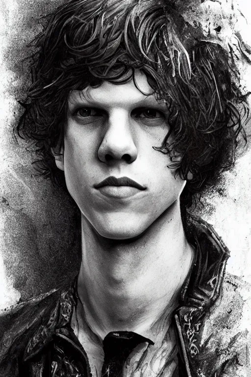 Prompt: Jesse eisenberg as a young man, shaved head, punk, tattered leather coat, intricate, elegant, dramatic lighting, highly detailed, lifelike, photorealistic, digital painting, artstation, illustration, concept art, smooth, sharp focus, art by John Collier and Albert Aublet and Krenz Cushart and Artem Demura and Alphonse Mucha