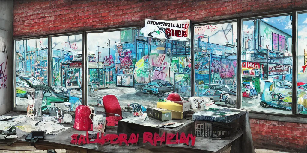 Prompt: hyper realistic orwellian shopping magazine placed on a table infront of large window looking onto a low income industrial park, graffiti art style, digital art, 8 k, artstation, 3 5 mm grain filter