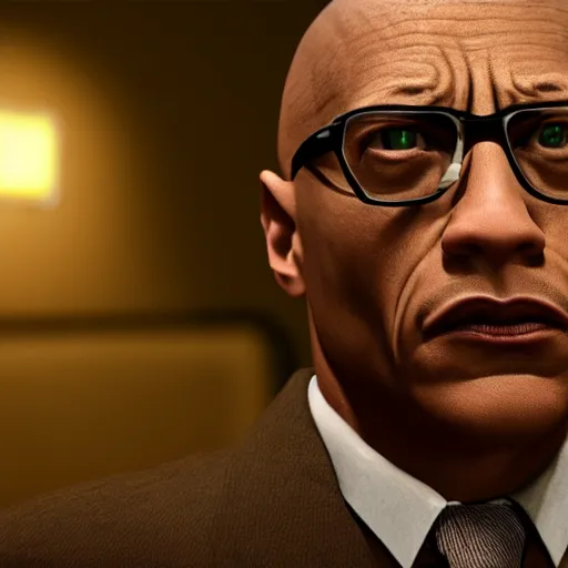 Image similar to The Rock as Gustavo Fring, cinematic lighting, HD, Photorealistic