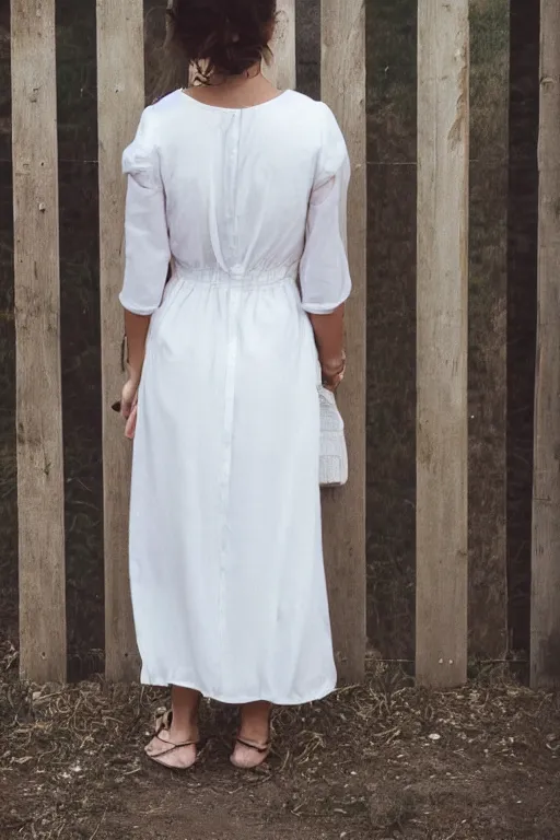 Prompt: a woman in a white summer dress by a fence