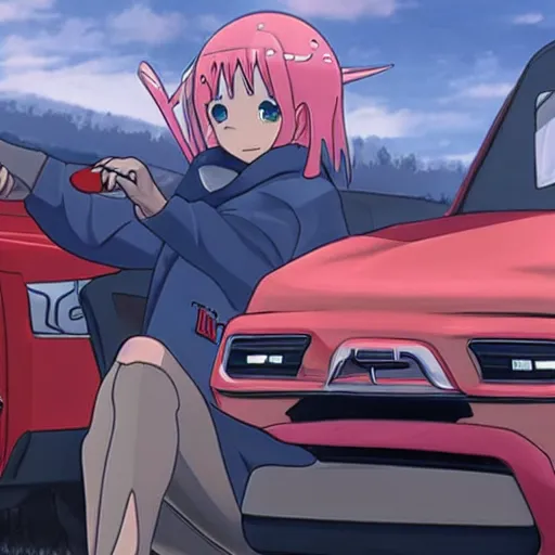 Image similar to zero two from darling in the franxx driving!!! a dodge ram truck