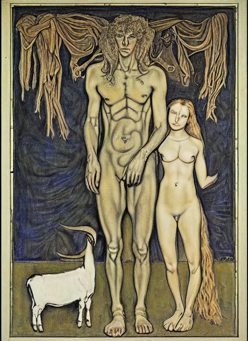 Prompt: boy, girl and a goat, by austin osman spare, high resolution