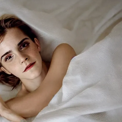 Image similar to emma watson in bed, under a white blanket, bare shoulders, freckles, no makeup, no filter, natural skin, messy hair, sleepy, smiling sheepishly