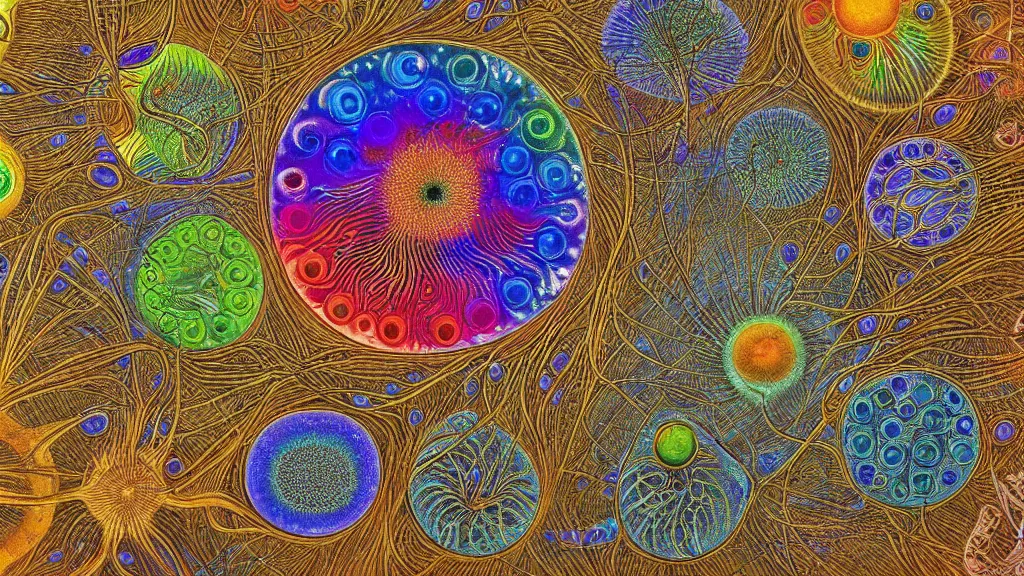 Image similar to quantum connections represented as symbiotic organisms like cells playing around with colorful lights by ernst haeckel, shinny