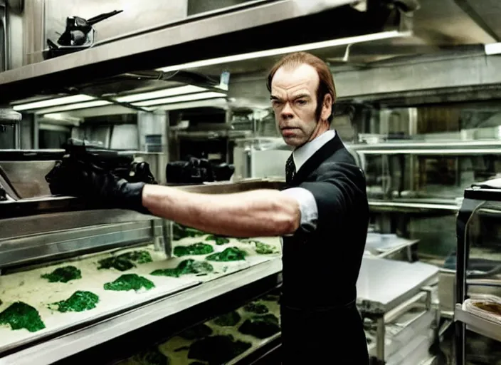 Image similar to film still of hugo weaving as agent smith working in a bakery in the new matrix movie, 4 k