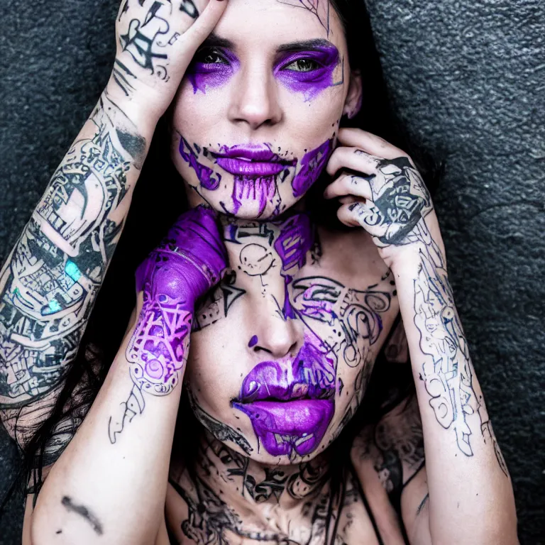 Prompt: a cyberpunk beautiful woman with tribal glowing tatoos on the face and purple eyes, photography, canon eos c 3 0 0 mark iii, ƒ 3, 2 0 mm