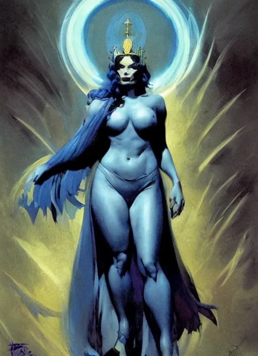 Prompt: mighty plump female sorceress, blue tiara, lightning halo, strong line, muted color, beautiful! coherent! by frank frazetta, by brom