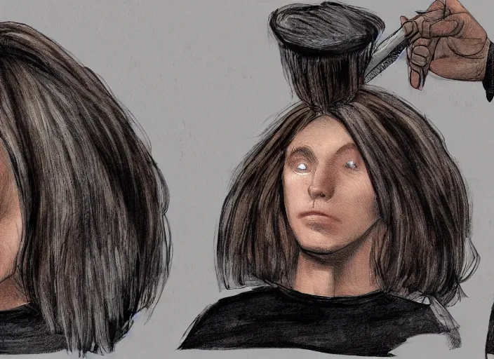 Prompt: judge wearing a bench wig is making a haircut to another judge with a bench wig, only two person in the scene, concept art, artstation, fractals