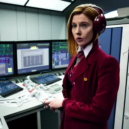 Prompt: Jodie as the Doctor in her burgundy costume in the Tardis secondary control room