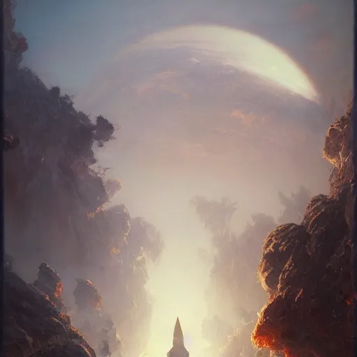 Image similar to giant shining crescent in a magic fluffy persian carpet dimension, by greg rutkowski and gaston bussiere, dim lighting, beautiful volumetric - lighting - style atmosphere, surreal atmosphere, intricate, detailed, photorealistic imagery, artstation