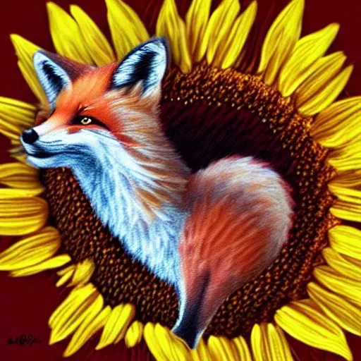 Image similar to a miniature fox, sitting on a sunflower, digital art, trending on artstation