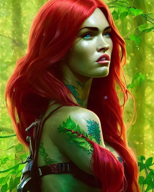 Prompt: highly detailed vfx portrait of megan fox as poison ivy, stephen bliss, unreal engine, greg rutkowski, loish, rhads, beeple, makoto shinkai and lois van baarle, ilya kuvshinov, rossdraws, tom bagshaw, alphonse mucha, global illumination, detailed and intricate environment