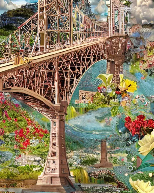 Prompt: detailed bridge with unexpected maximalist elements. 8x HD mixed media 3D collage in the style of an hyperdetailed childbook illustration in soft natural tones. matte background no frame HD