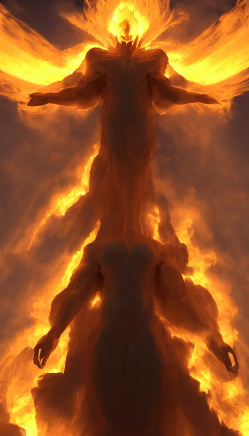 Image similar to a god made of golden fire, concept art, volumetric lighting