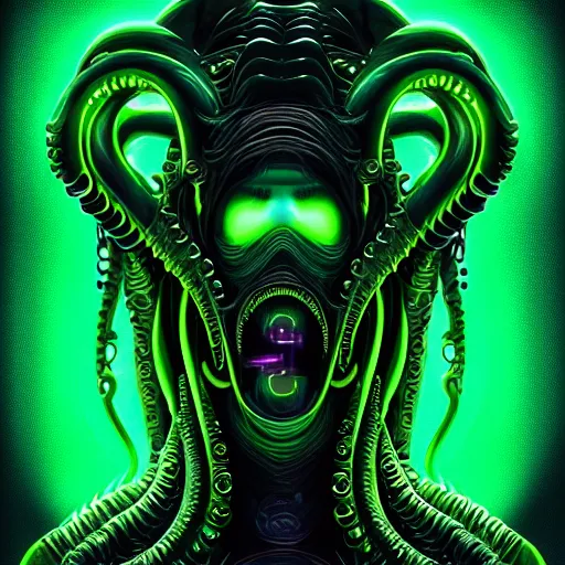 Image similar to poster style, a beautiful and terrifying painting with high details a digital portrait of lovecraftian tech god, green neon cyber cthulhu, cyber noir, movie atmosphere, movie lights, 8 k, light effect, rtx on, trending on artstation, by kilian eng, lee madgwick, bastien lecouffe - deharme