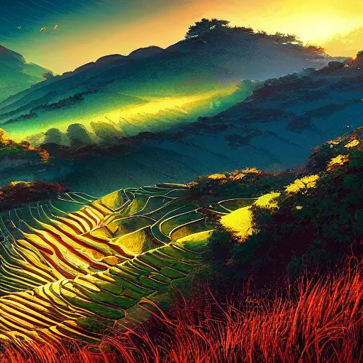 Image similar to beautiful scenery of rice terraces, by anato finnstark, by alena aenami, by john harris, by ross tran, by wlop, by andreas rocha