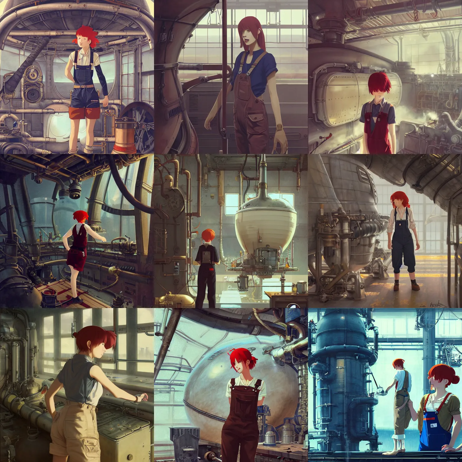 Prompt: an airship engineer working in the boiler room, redhead, tank top, overalls, steampunk, film still, finely detailed features, baroque, digital painting, studio ghibli, tankobon, painted by ilya kuvshinov takashi takeuchi greg rutkowski makoto shinkai