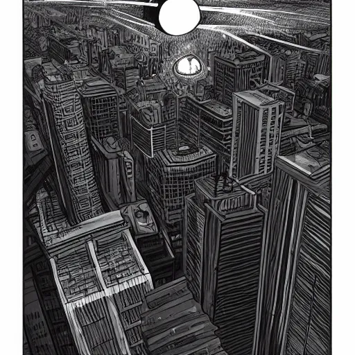 Image similar to black hole rising above city, city destroyed by shockwave, black hole with accretion disс, digital art, vector logo, sticker, black and white, art by stefan koidl, brock hofer, marc simonetti