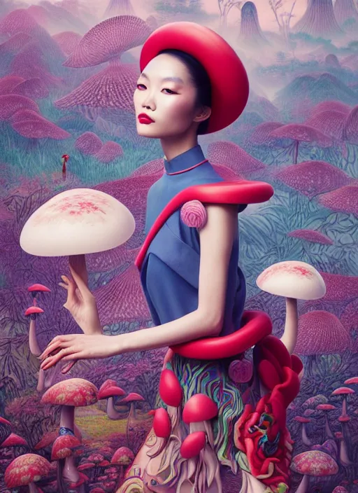 Image similar to pretty chinese model with futuristic mushroom : : by martine johanna and simon stalenhag and chie yoshii and casey weldon and wlop : : ornate, dynamic, particulate, rich colors, intricate, elegant, highly detailed, vogue, harper's bazaar art, fashion magazine, smooth, sharp focus, 8 k, octane render,