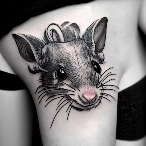 Prompt: tattoo of a cute rat, black, blue gray, pink, and white ink, detailed, hyperrealistic trending on artstation