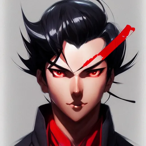 Image similar to anime portrait of a slick black hair guy with red eyes by stanley artgerm lau, wlop, rossdraws, james jean, andrei riabovitchev, marc simonetti, and sakimichan, trending on artstation