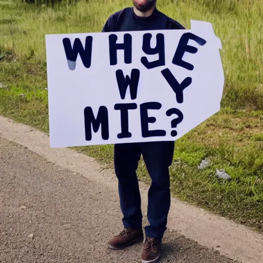 Prompt: man holding sign that says Why me?