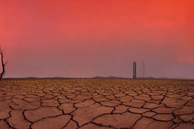 Image similar to very dry ground, desert, cracked, big tower in the background, red sky, fire in the background, award - winning, ethereal, dreamy, realistic