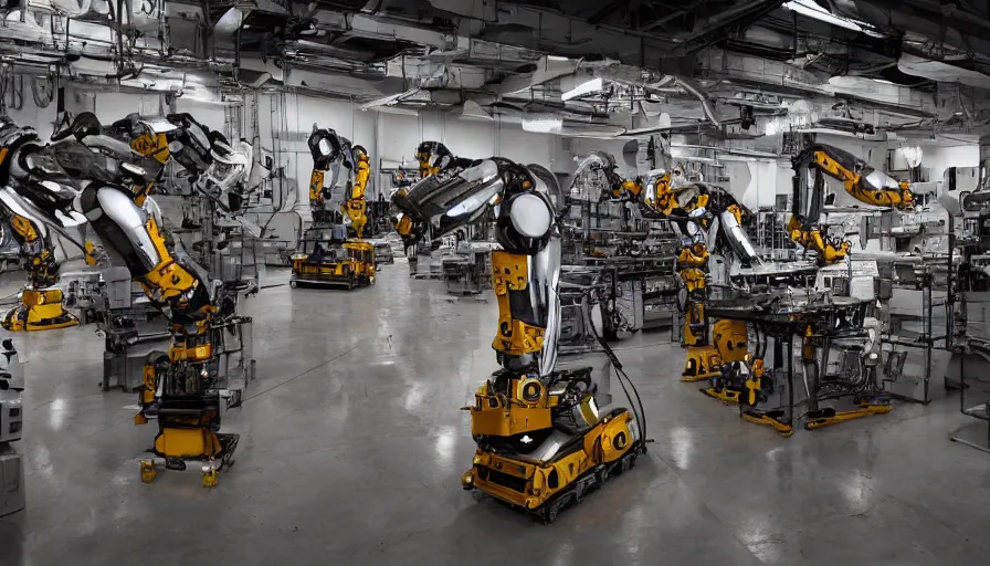 Image similar to award winning photo of robots in an art factory, dramatic lighting, 4 k