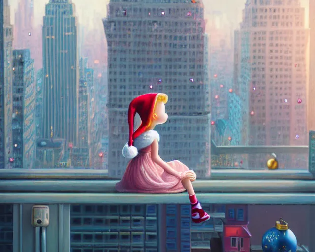 Prompt: a girl sitting on a ledge above a futuristic new york city below, pastel colors, nicoletta ceccoli, mark ryden, lostfish, max fleischer, depth of field, detailed and intricate environment, golden hour, 8 k resolution, hyperrealistic, octane render, vivid colors, bright, cheerful, detailed and intricate christmas environment