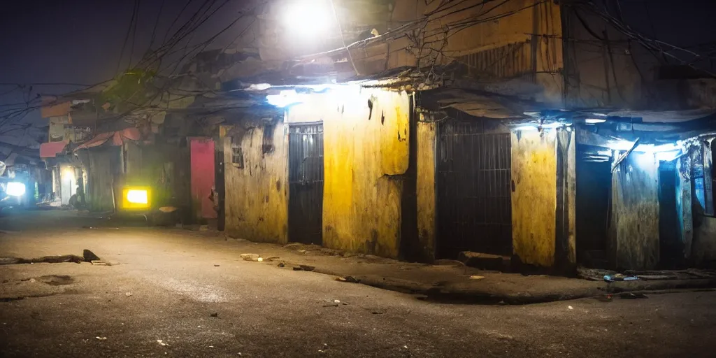 Prompt: UFO seen during night time in Ajegunle slums of lagos - beaming neon ray of light,