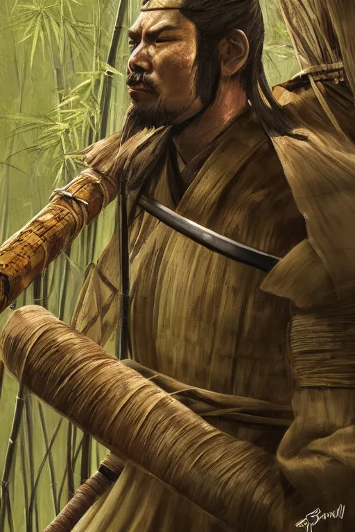 Image similar to close up of samurai warrior in a bamboo forest, a realistic illustration by david benzal, eddie mendoza