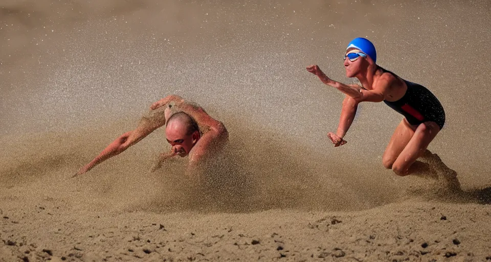 Image similar to olympic swimming in sand instead of water, extremely coherent, motion blur