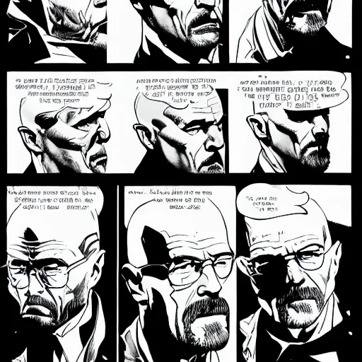 Prompt: Walter White comic book page, inked, superhero comic