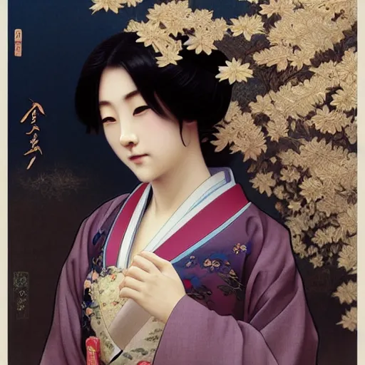 Prompt: beautiful japanese woman wearing a kimono, intricate, art by artgerm and greg rutkowski and alphonse mucha and william - adolphe bouguereau, high detailed, 4 k,